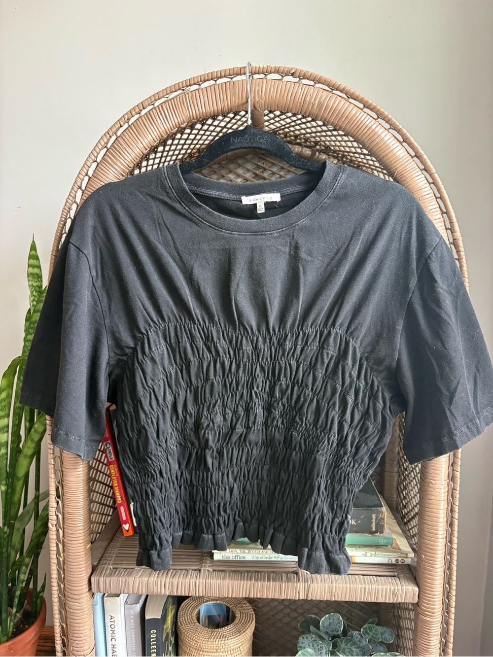 Everlane Black Smocked Short Sleeve Crop Top